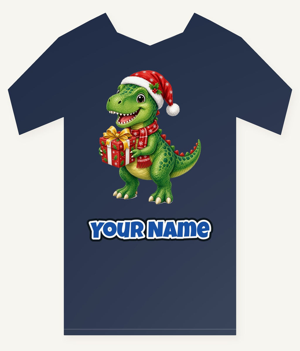 Christmas Dinosaur With Present Personalised Kids and Baby Christmas Tee