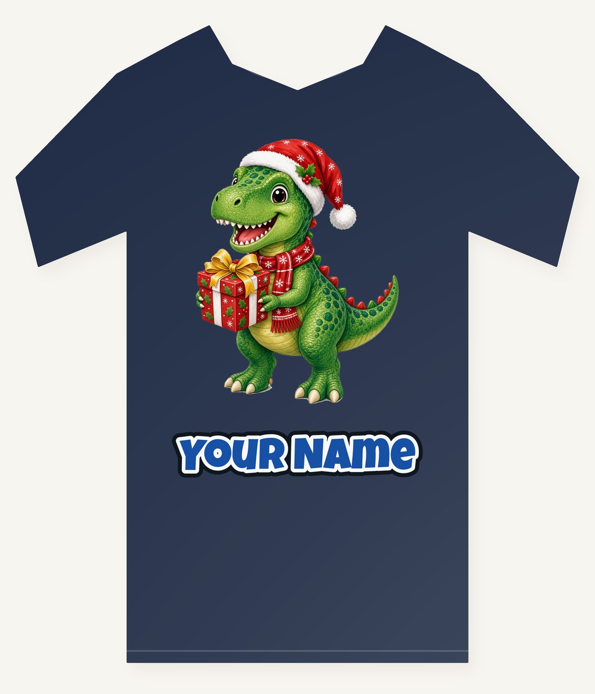 Christmas Dinosaur With Present Personalised Kids and Baby Christmas Tee