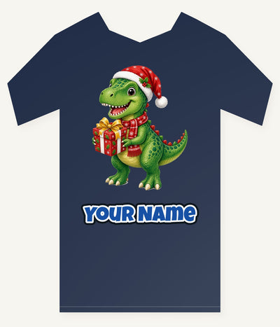 Christmas Dinosaur With Present Personalised Kids Tee and Baby Bodysuit