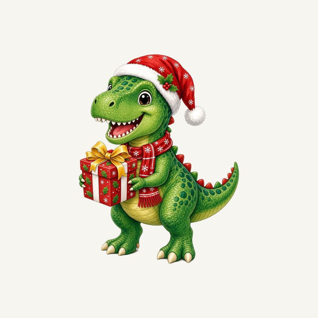 Christmas Dinosaur With Present Personalised Kids and Baby Christmas Tee