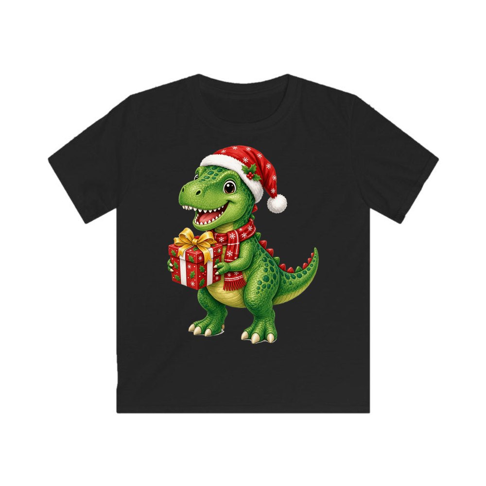 Christmas Dinosaur With Present personalised kids Christmas tee in black