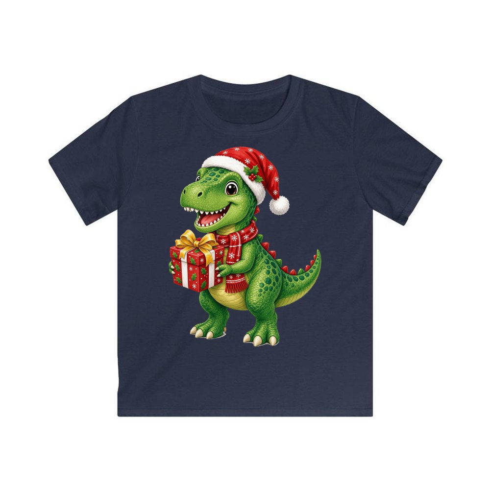 Christmas Dinosaur With Present personalised kids Christmas tee in navy
