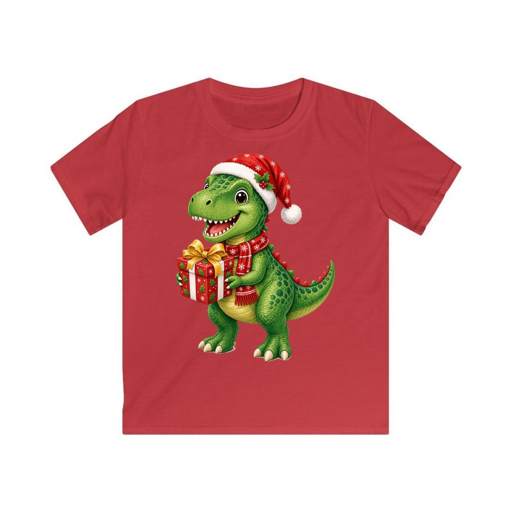 Christmas Dinosaur With Present personalised kids Christmas tee in red