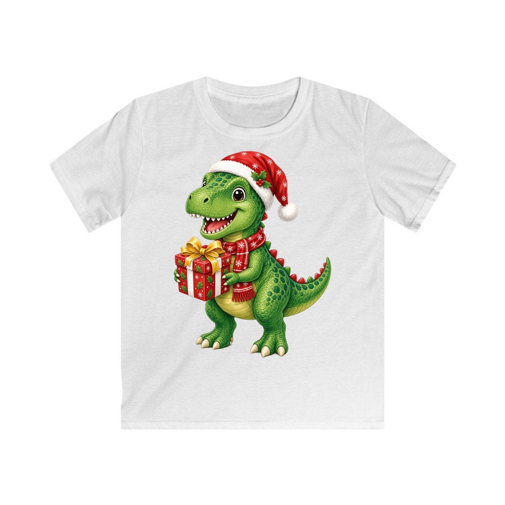 Christmas Dinosaur With Present personalised kids Christmas tee in white