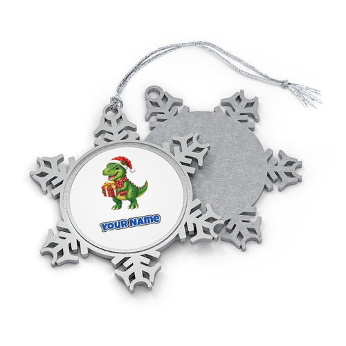 Christmas Dinosaur With Present Personalised Pewter Christmas Ornament