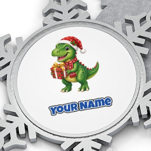 Christmas Dinosaur With Present Personalised Pewter Christmas Ornament