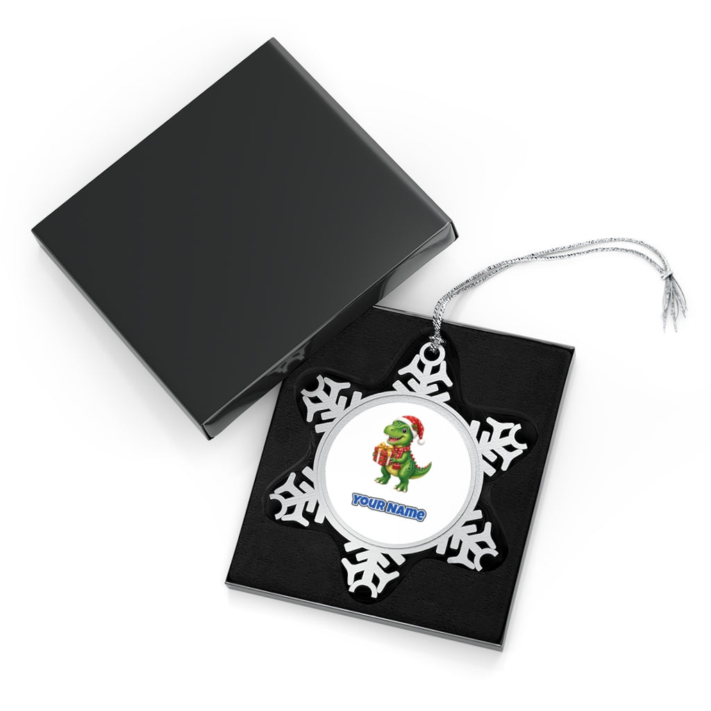 Christmas Dinosaur With Present Personalised Pewter Christmas Ornament