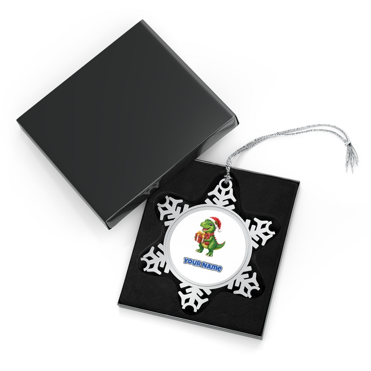 Christmas Dinosaur With Present Personalised Pewter Christmas Ornament