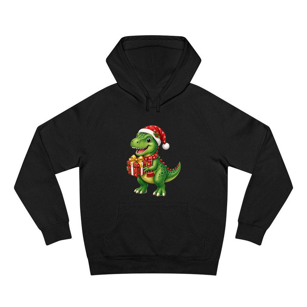 Christmas Dinosaur With Present personalised Christmas hoodie in black