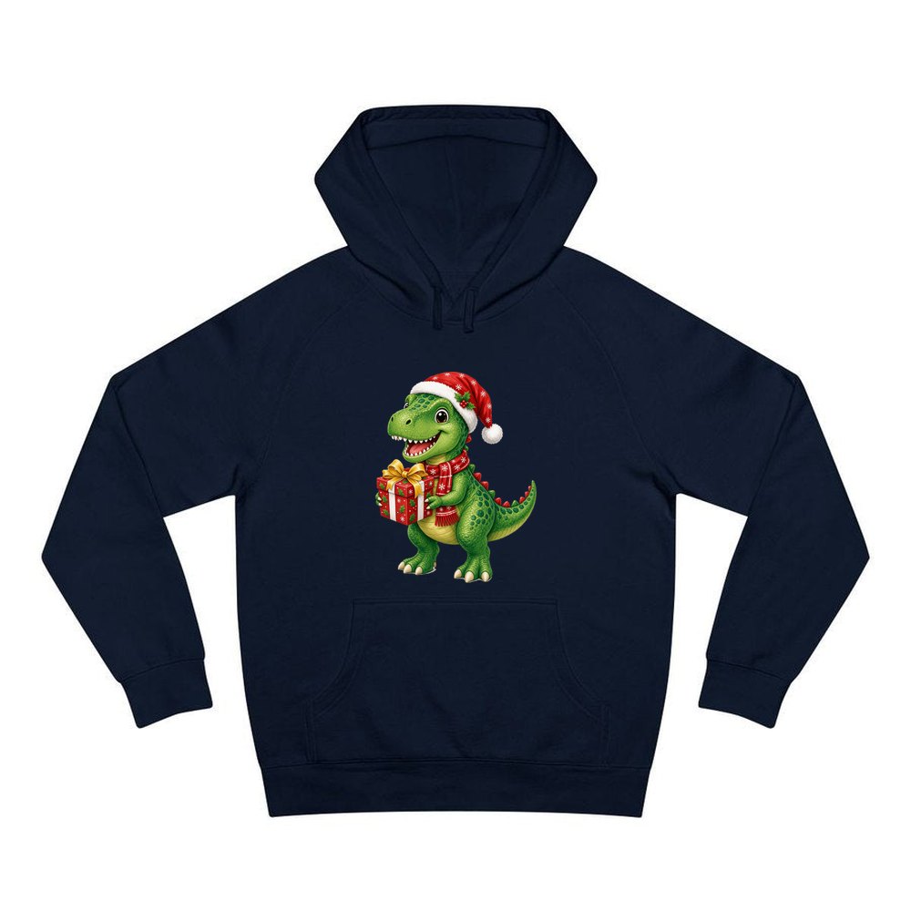 Christmas Dinosaur With Present personalised Christmas hoodie in navy