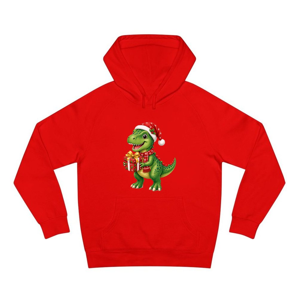 Christmas Dinosaur With Present personalised Christmas hoodie in red