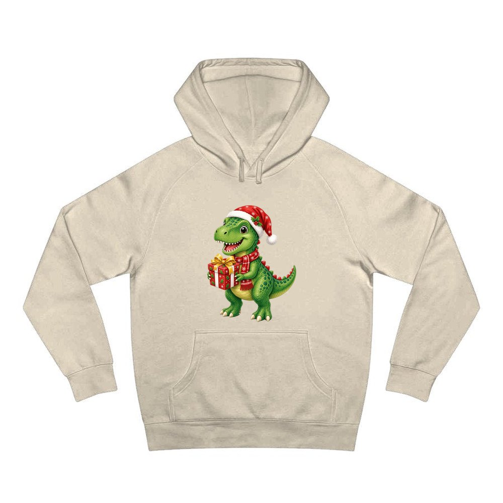 Christmas Dinosaur With Present personalised Christmas hoodie in sand