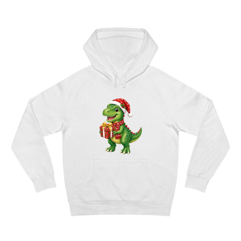 Christmas Dinosaur With Present personalised Christmas hoodie in white