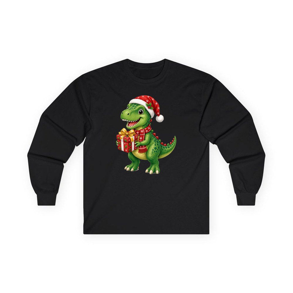 Christmas Dinosaur With Present personalised long sleeve Christmas T-shirt in black