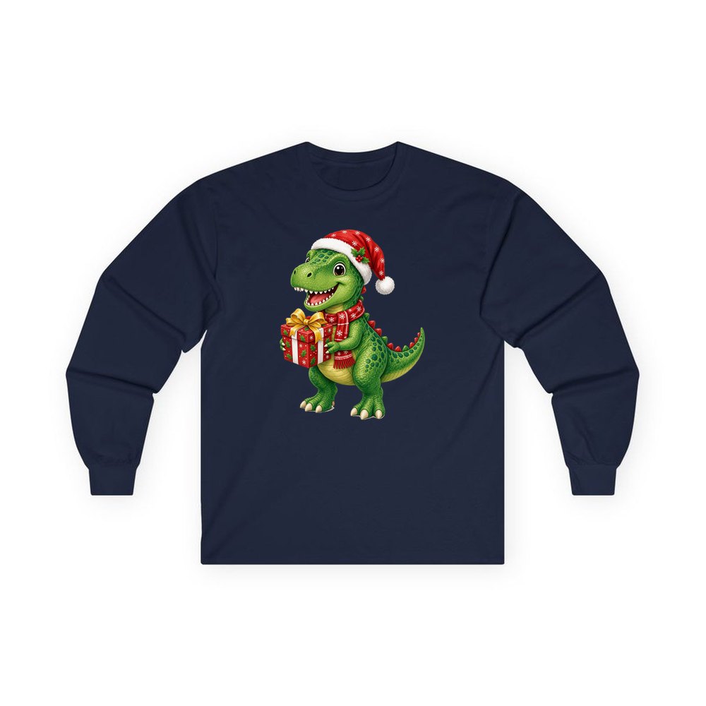 Christmas Dinosaur With Present personalised long sleeve Christmas T-shirt in navy