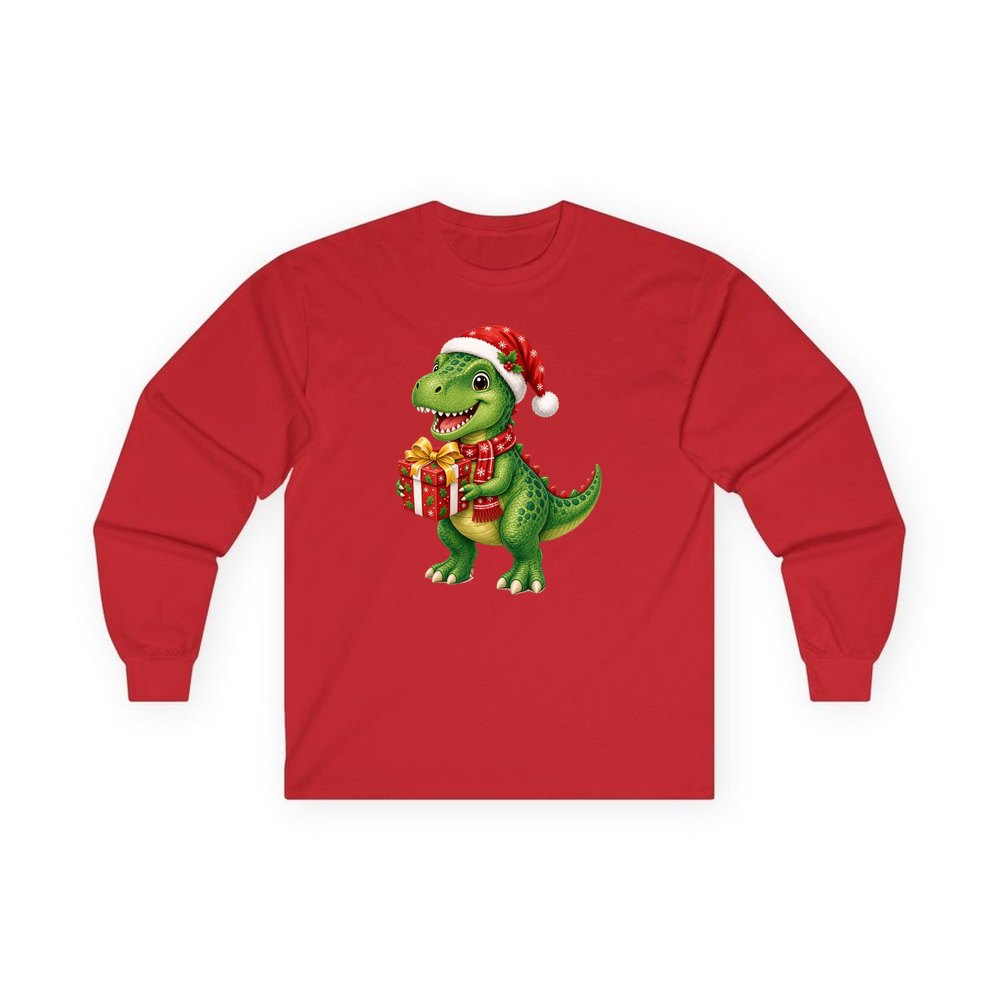 Christmas Dinosaur With Present personalised long sleeve Christmas T-shirt in red