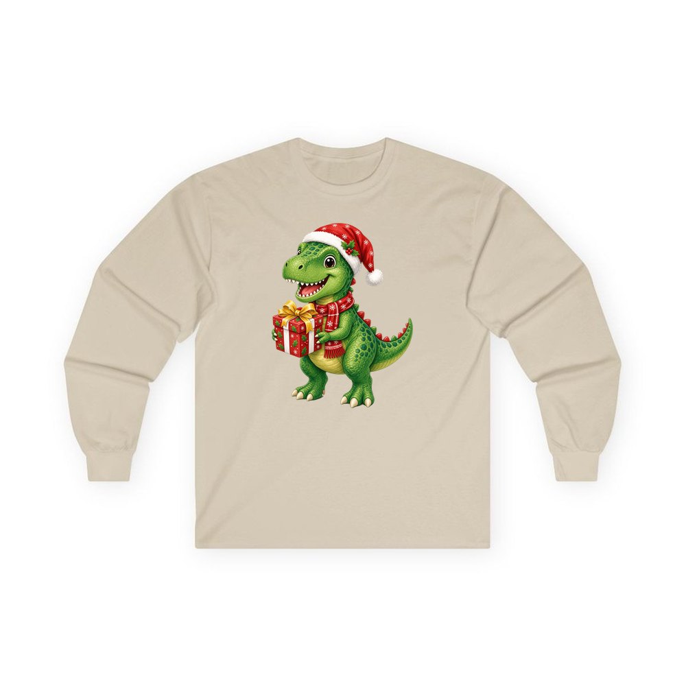 Christmas Dinosaur With Present personalised long sleeve Christmas T-shirt in sand