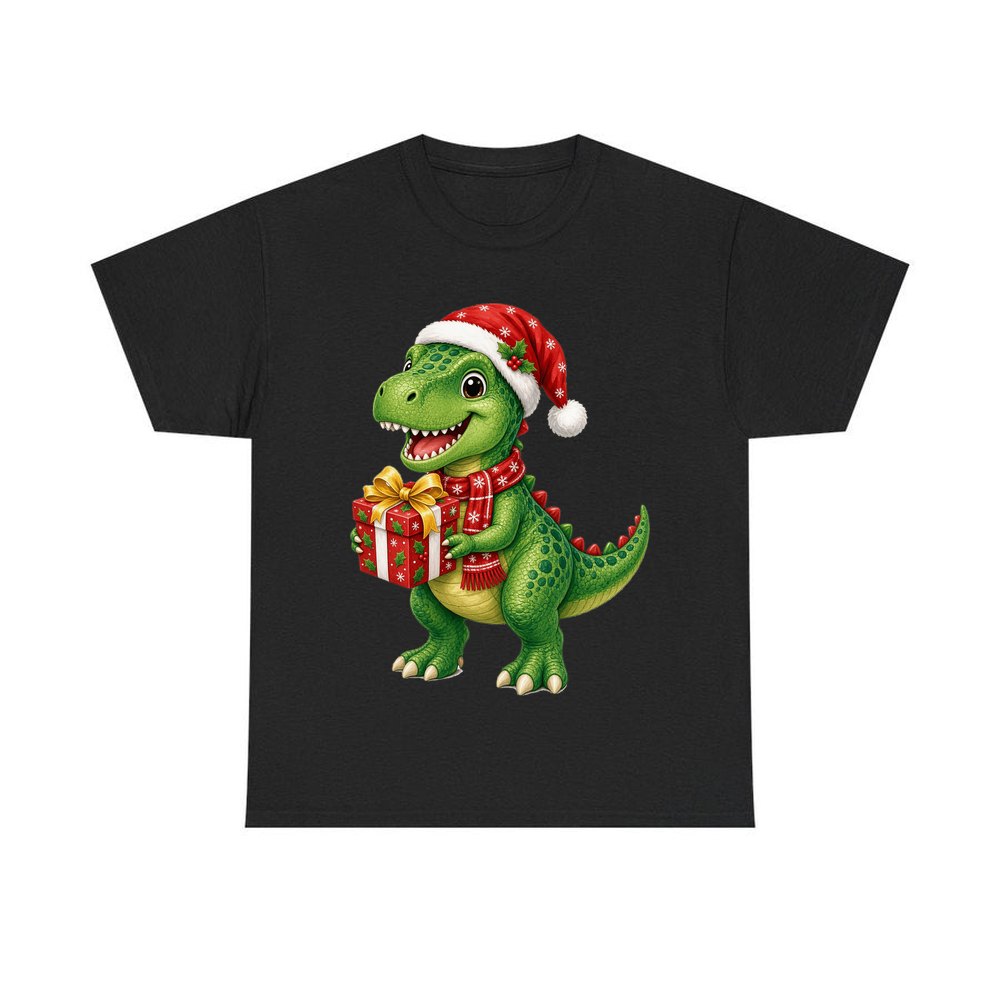 Christmas Dinosaur With Present personalised Christmas T-shirt in black