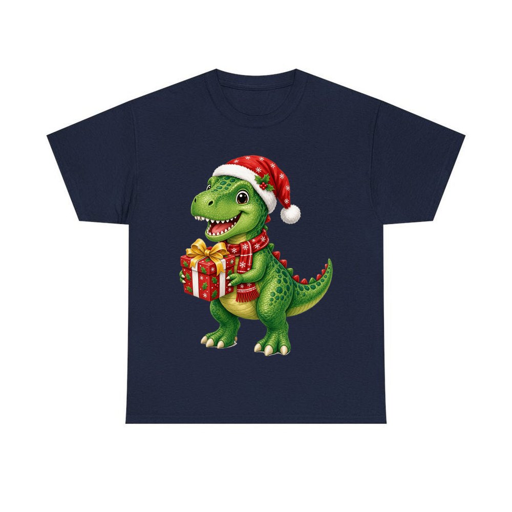 Christmas Dinosaur With Present personalised Christmas T-shirt in navy