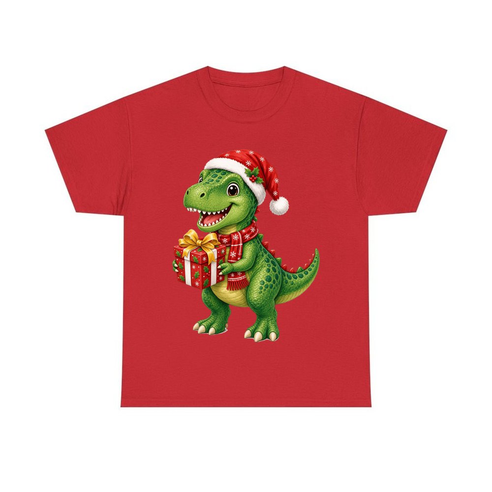 Christmas Dinosaur With Present personalised Christmas T-shirt in red