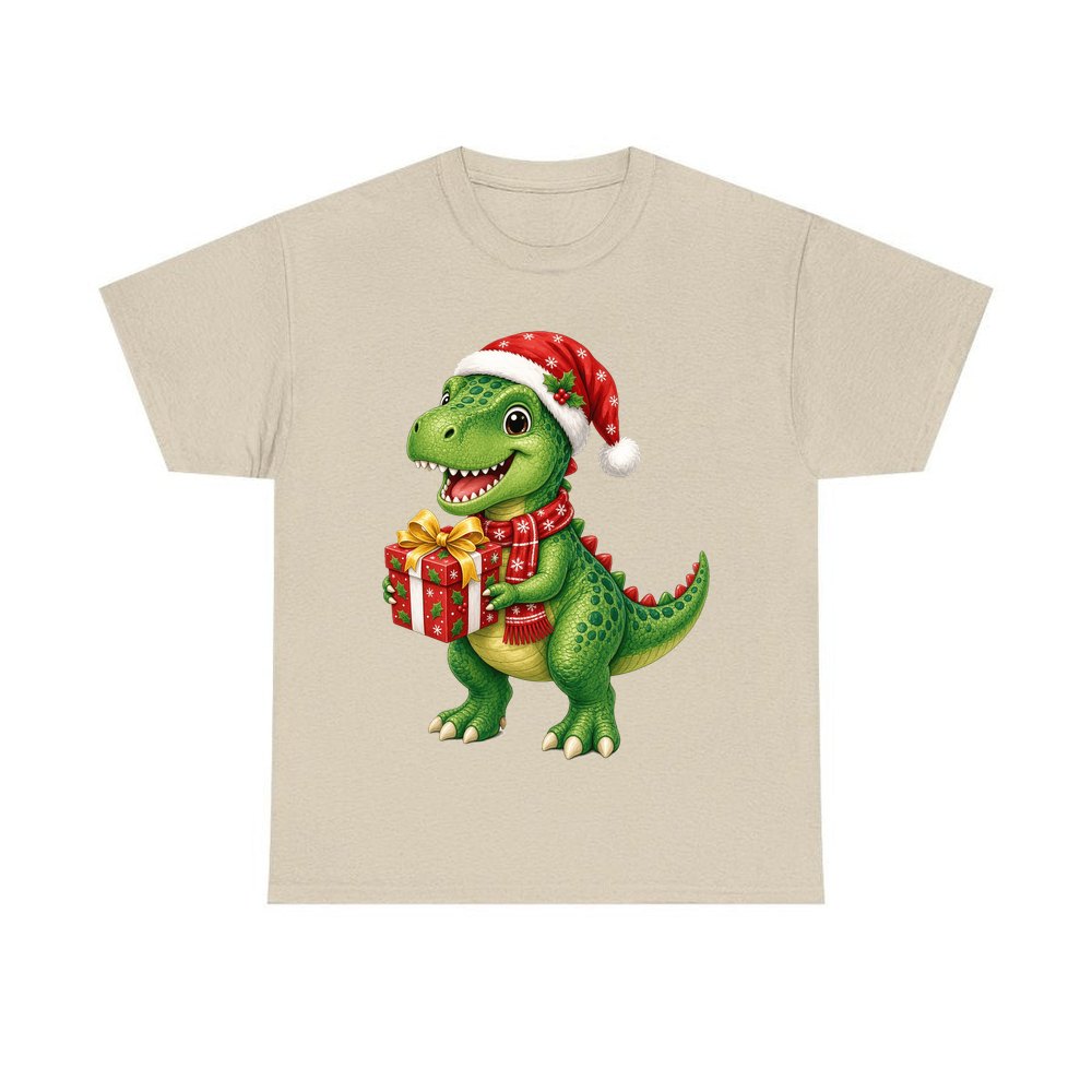 Christmas Dinosaur With Present personalised Christmas T-shirt in sand