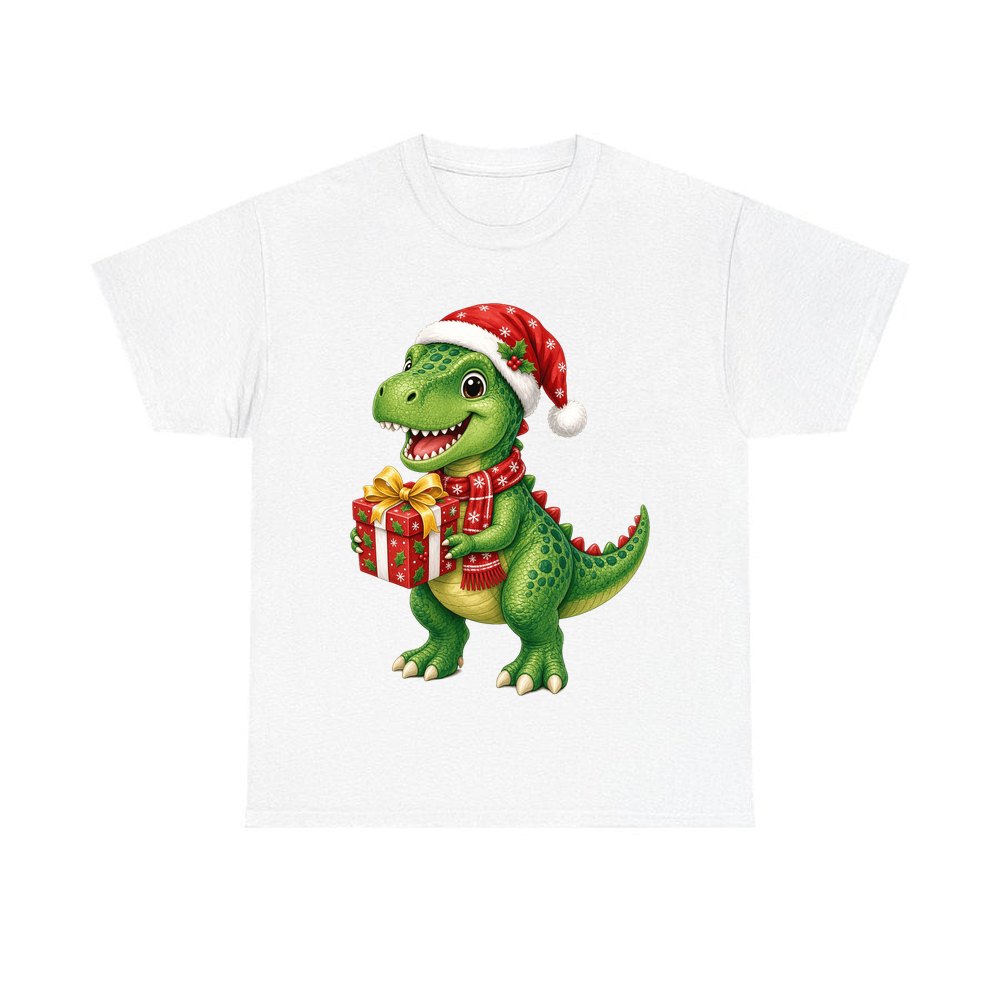 Christmas Dinosaur With Present personalised Christmas T-shirt in white