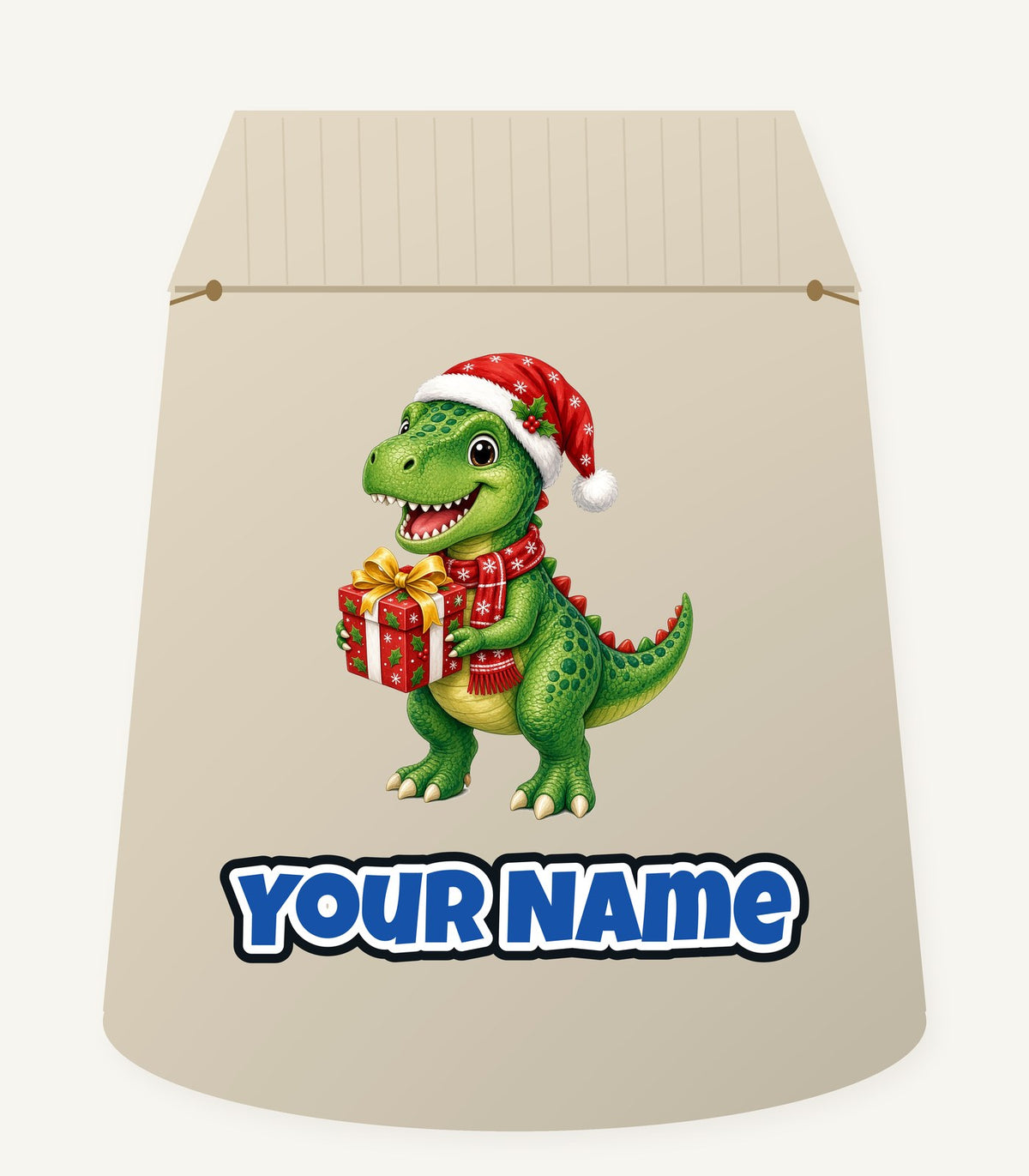 Christmas Dinosaur With Present Personalised Santa Sack