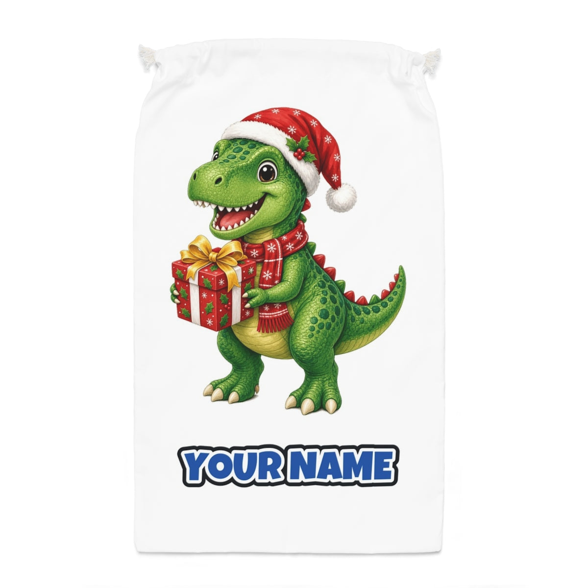 Christmas Dinosaur With Present Santa sack laid flat, showing the full print