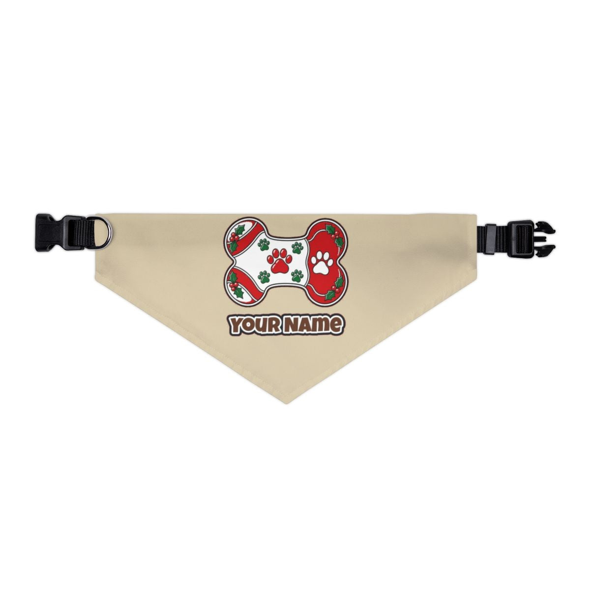 Christmas Dog Bone Paw Prints personalised Christmas pet bandana in beige, collar with buckle