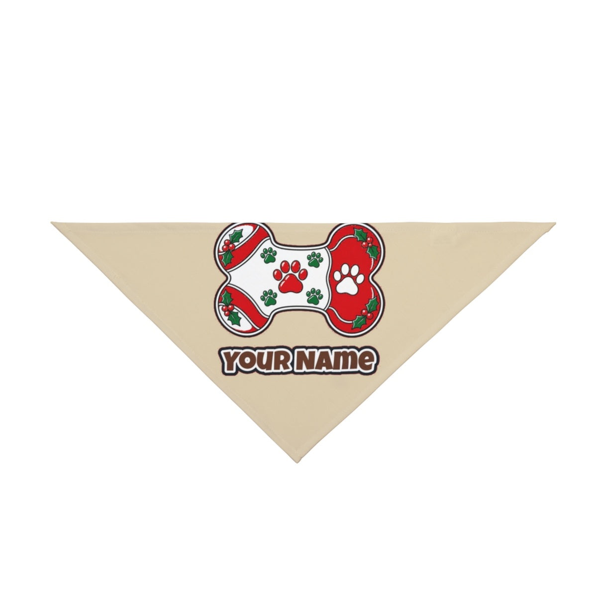 Christmas Dog Bone Paw Prints personalised Christmas pet bandana in beige, tie-on style