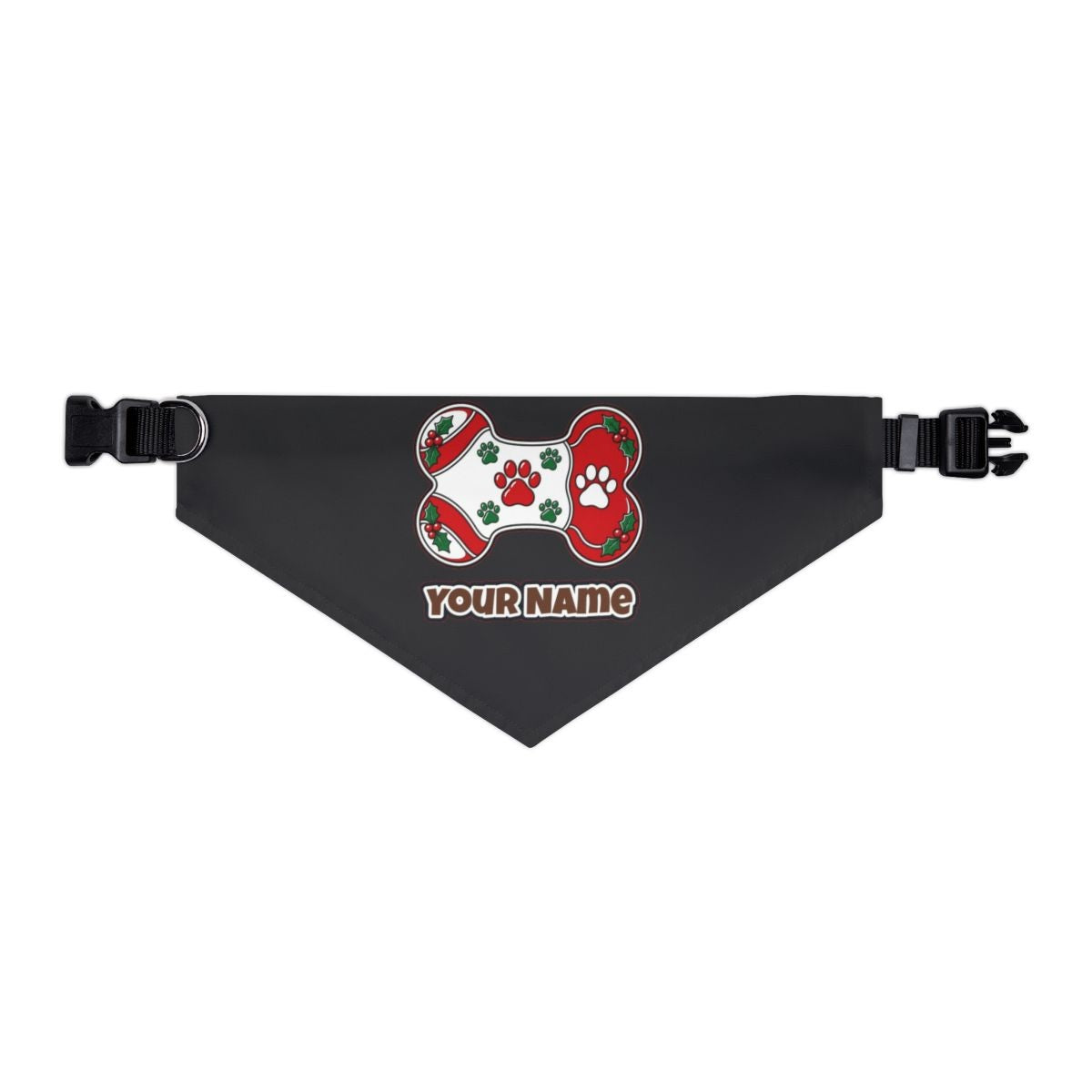 Christmas Dog Bone Paw Prints personalised Christmas pet bandana in black, collar with buckle