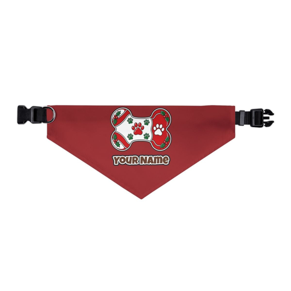 Christmas Dog Bone Paw Prints personalised Christmas pet bandana in red, collar with buckle