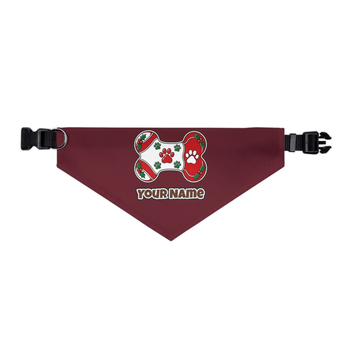 Christmas Dog Bone Paw Prints personalised Christmas pet bandana in maroon, collar with buckle