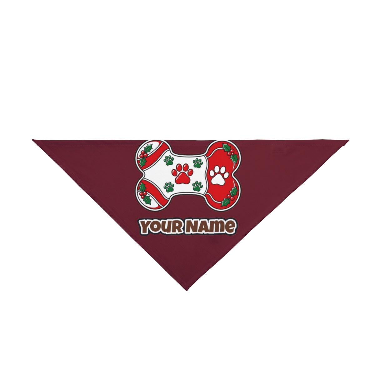 Christmas Dog Bone Paw Prints personalised Christmas pet bandana in maroon, tie-on style