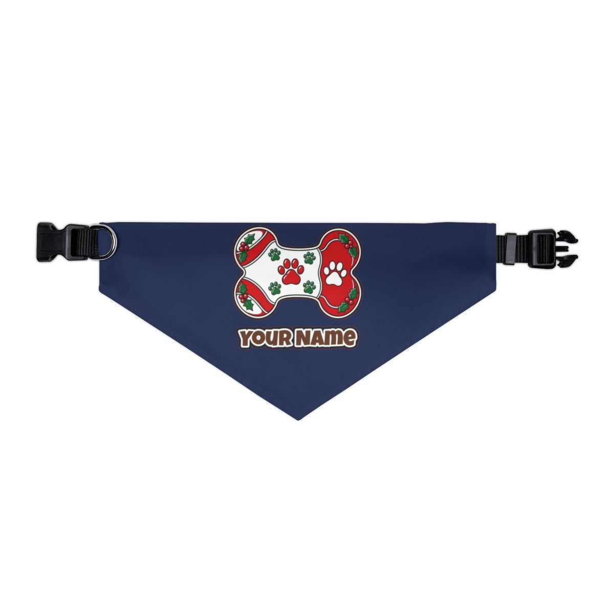 Christmas Dog Bone Paw Prints personalised Christmas pet bandana in navy, collar with buckle