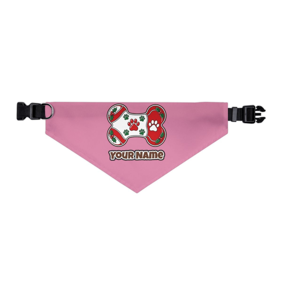 Christmas Dog Bone Paw Prints personalised Christmas pet bandana in pink, collar with buckle