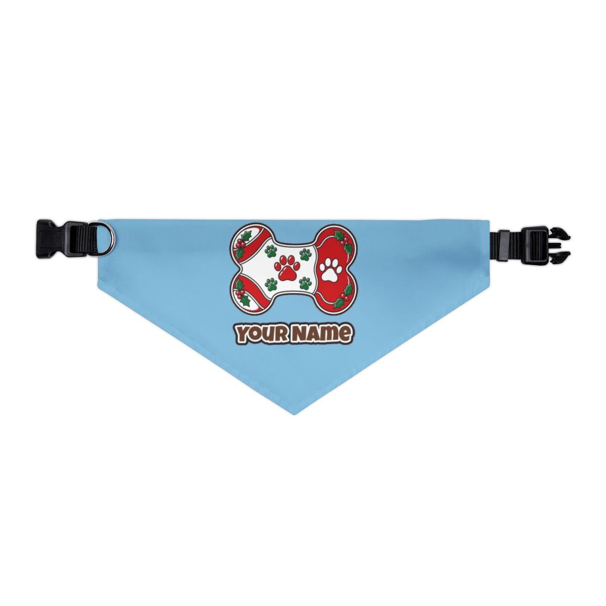 Christmas Dog Bone Paw Prints personalised Christmas pet bandana in sky blue, collar with buckle