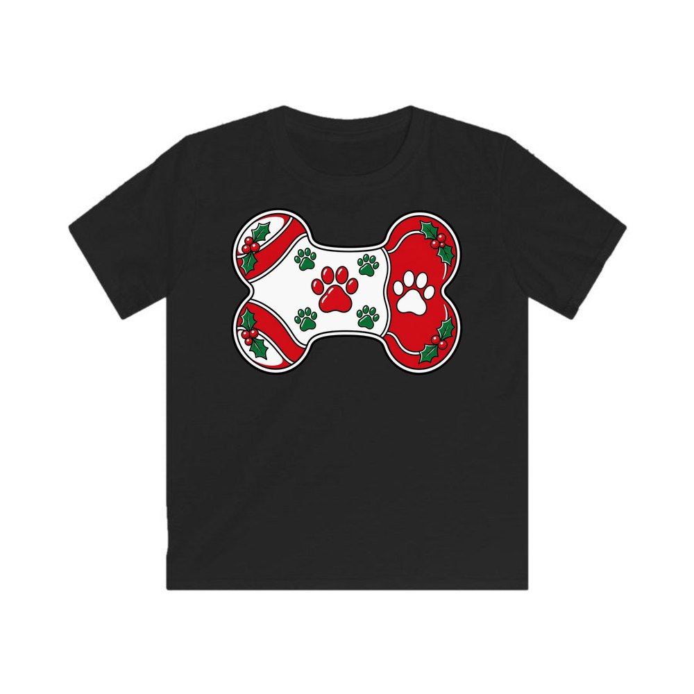 Christmas Dog Bone Paw Prints personalised kids Christmas tee in black