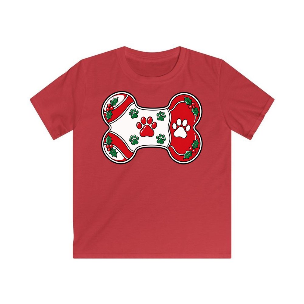Christmas Dog Bone Paw Prints personalised kids Christmas tee in red