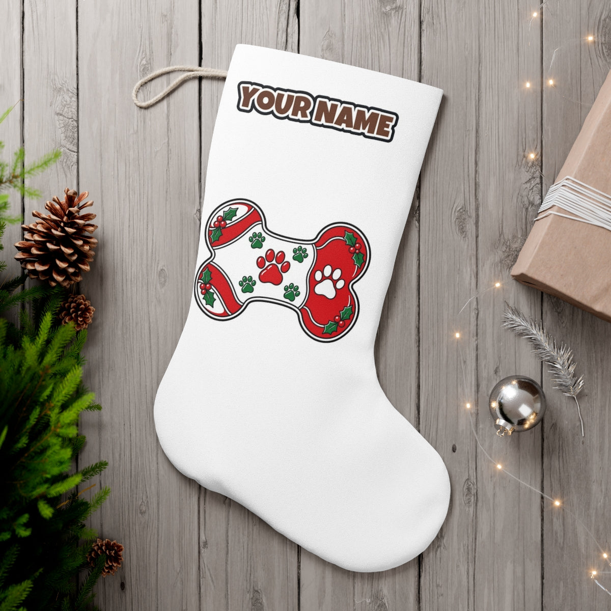 Christmas Dog Bone Paw Prints personalised Christmas stocking, white, with the name across the top