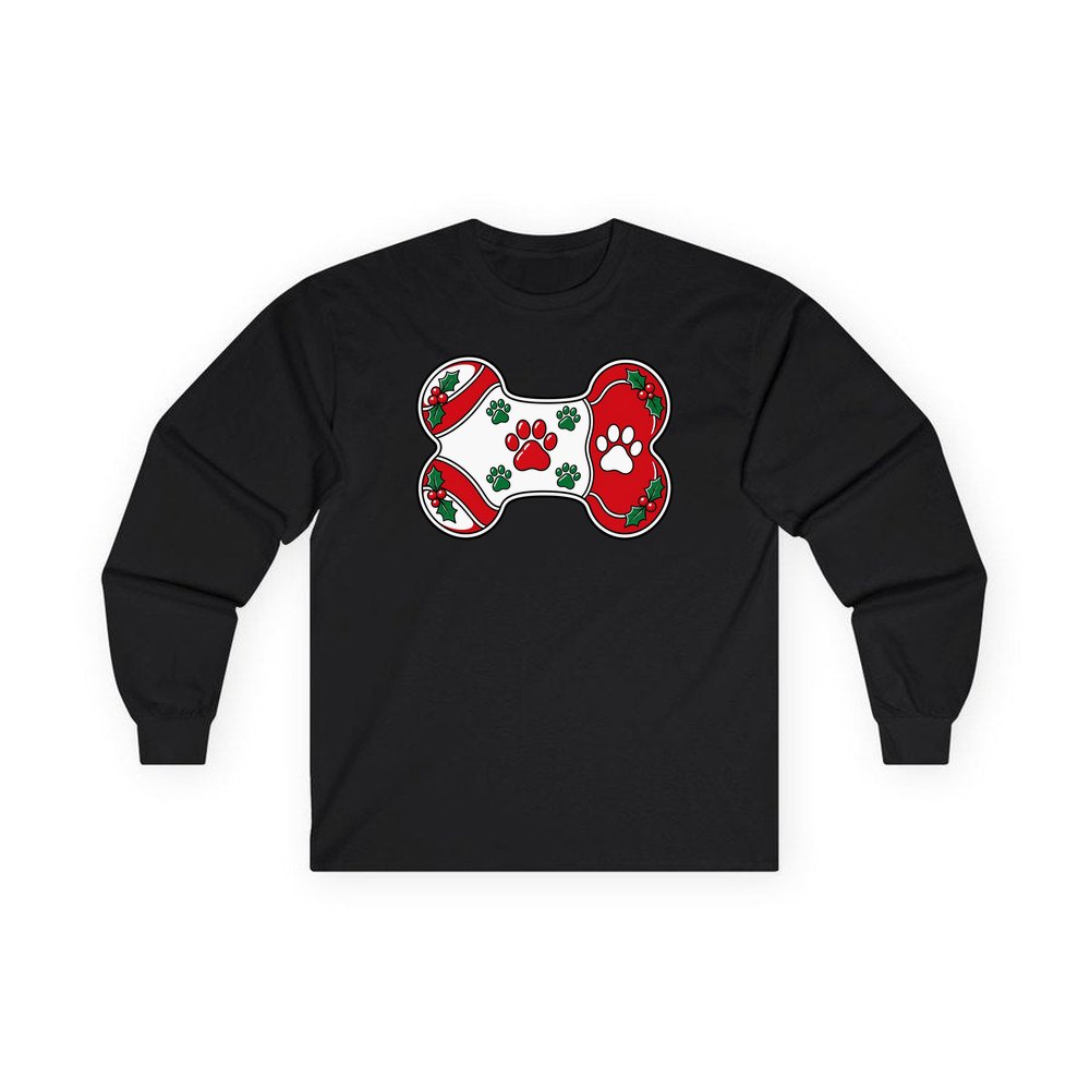 Christmas Dog Bone Paw Prints personalised long sleeve Christmas T-shirt in black