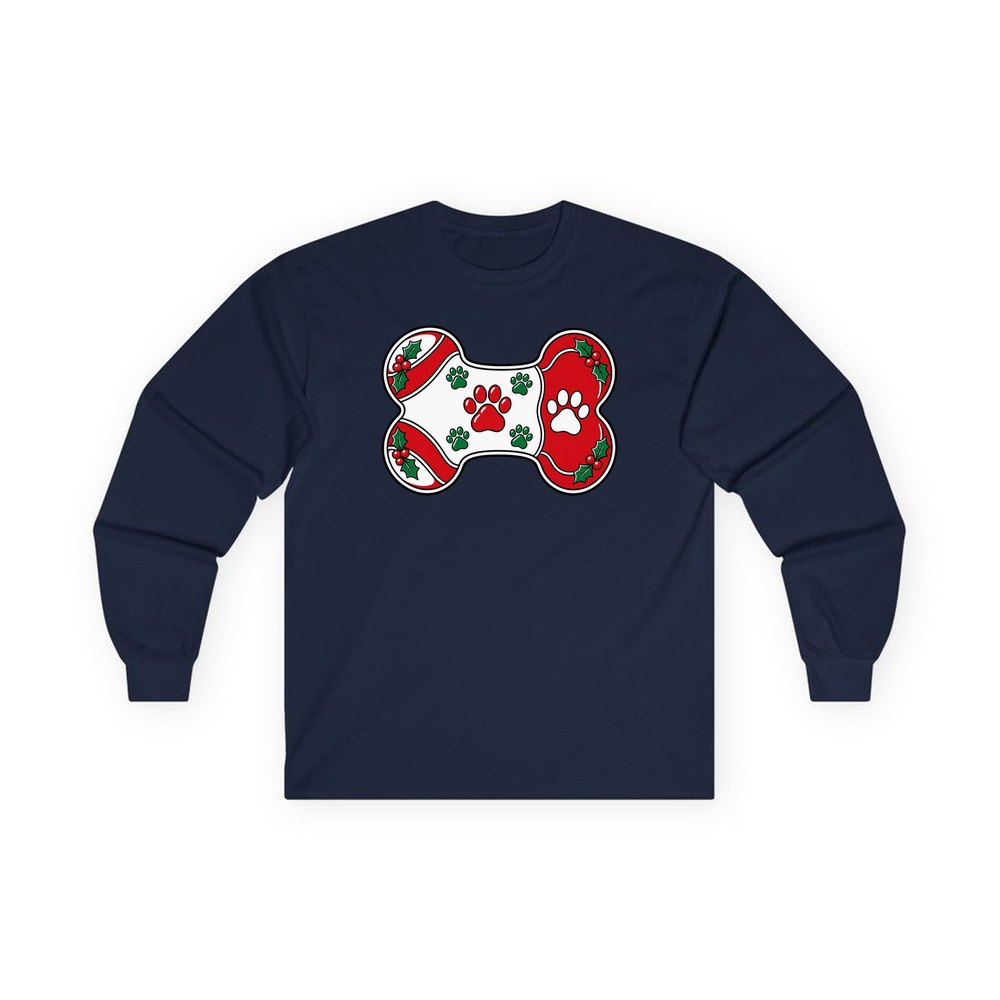 Christmas Dog Bone Paw Prints personalised long sleeve Christmas T-shirt in navy