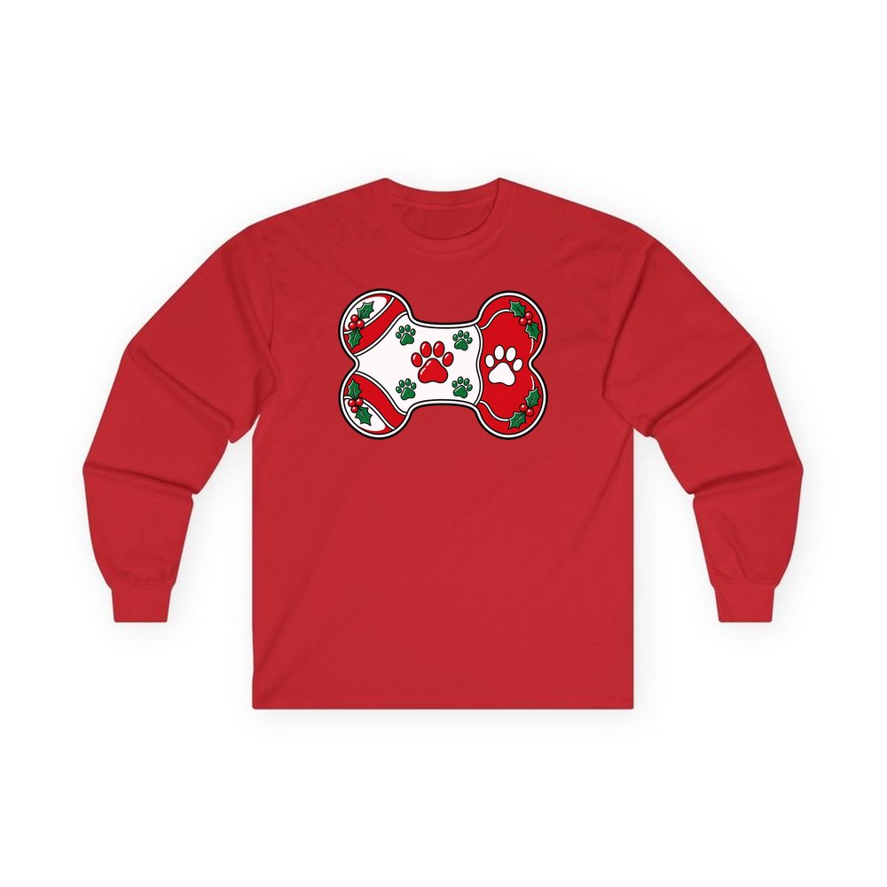 Christmas Dog Bone Paw Prints personalised long sleeve Christmas T-shirt in red