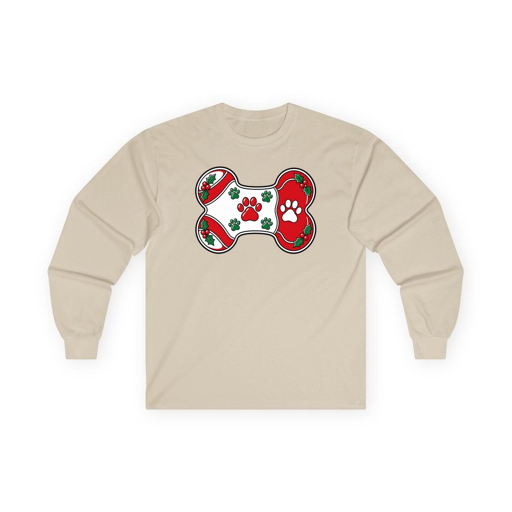 Christmas Dog Bone Paw Prints personalised long sleeve Christmas T-shirt in sand