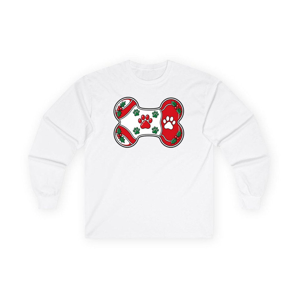 Christmas Dog Bone Paw Prints personalised long sleeve Christmas T-shirt in white