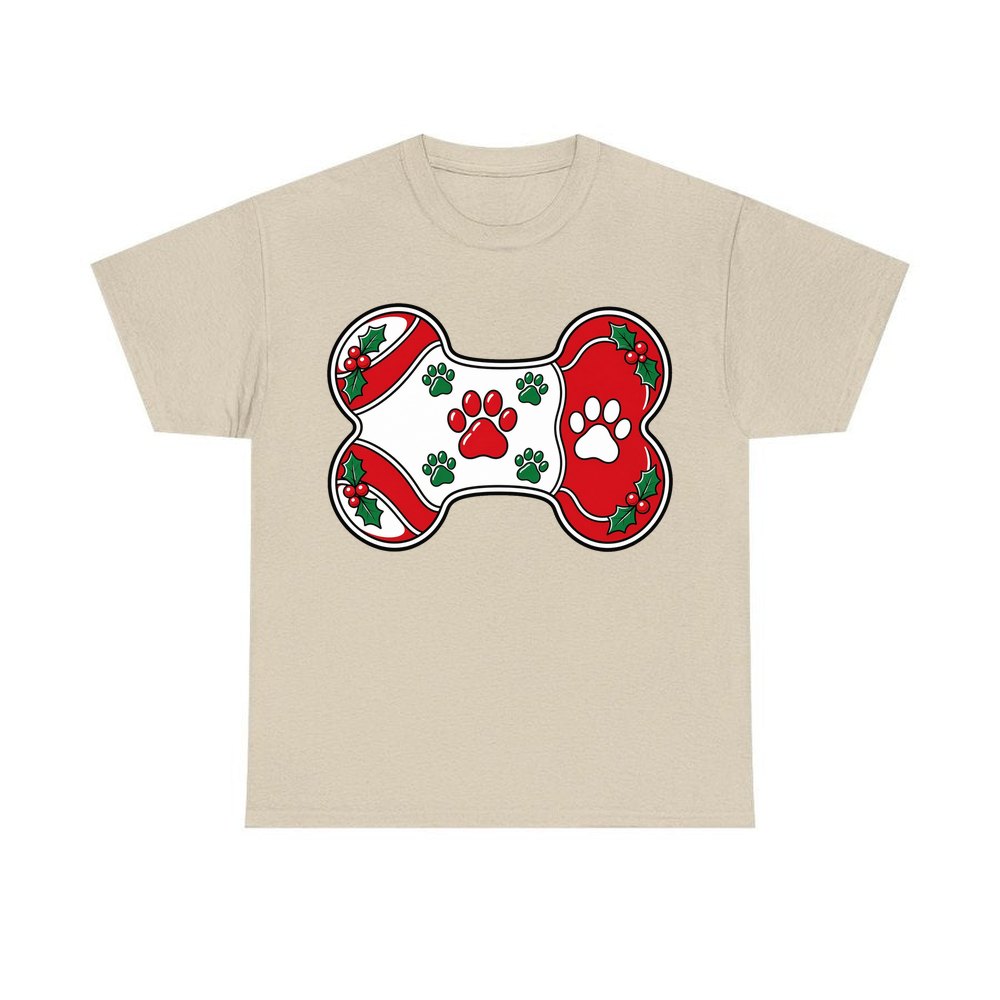 Christmas Dog Bone Paw Prints personalised Christmas T-shirt in sand