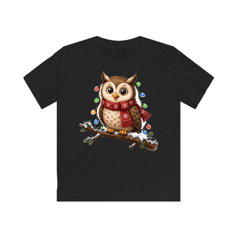 Christmas Fairy Light Owl personalised kids Christmas tee in black