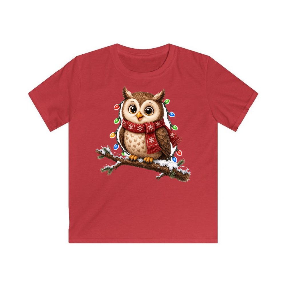 Christmas Fairy Light Owl personalised kids Christmas tee in red
