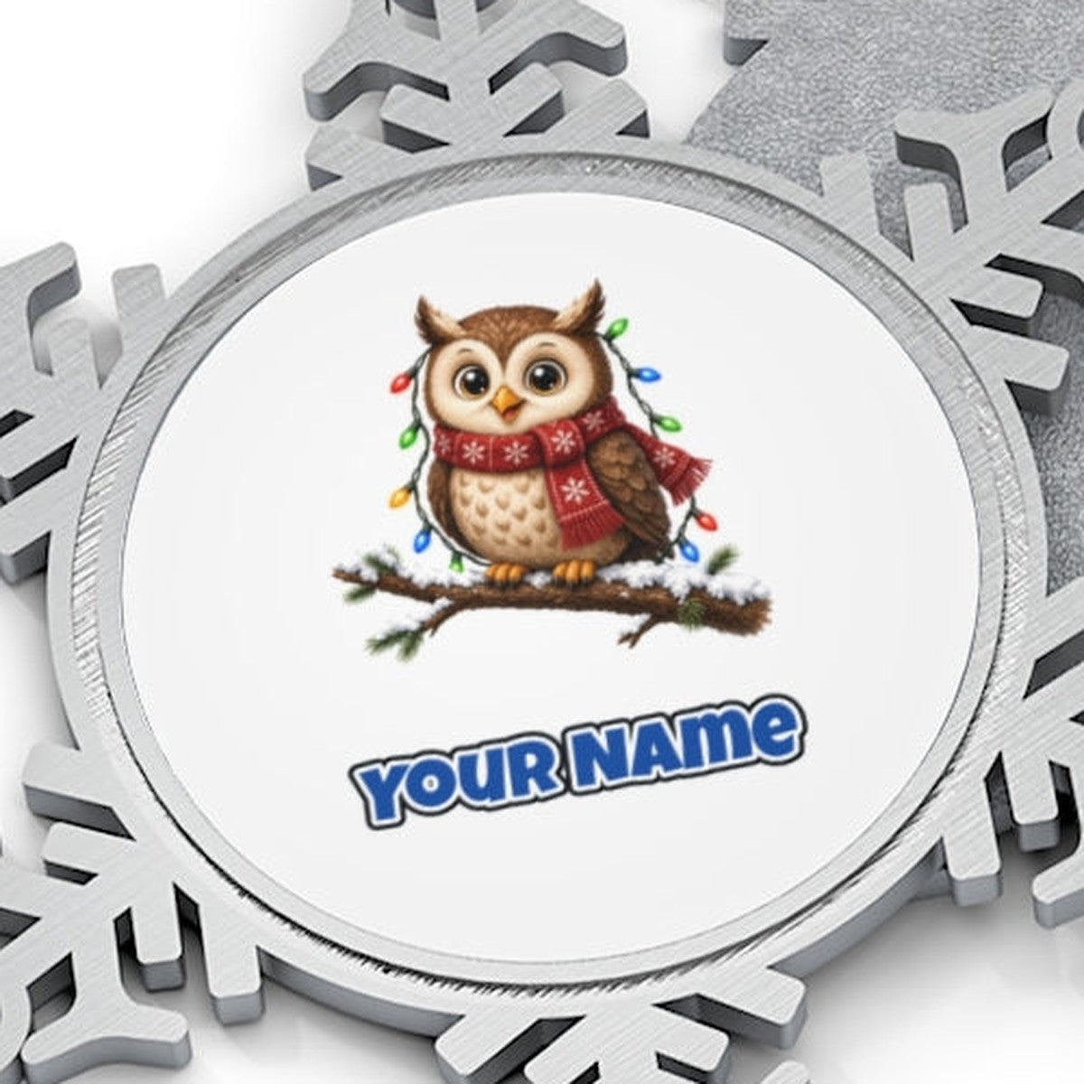 Christmas Fairy Light Owl Personalised Pewter Christmas Ornament
