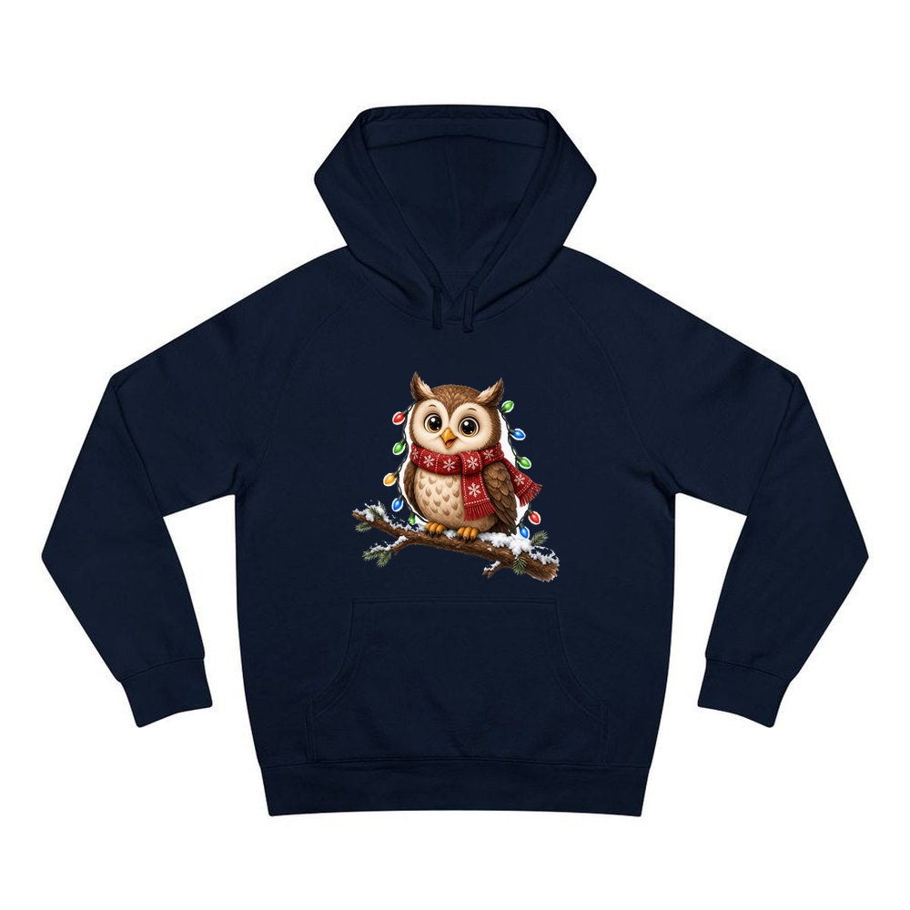 Christmas Fairy Light Owl personalised Christmas hoodie in navy